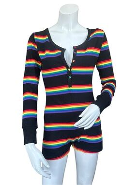 Club Exx Black & Rainbow Striped Strutting By Life Long sleeve Romper Size XXS